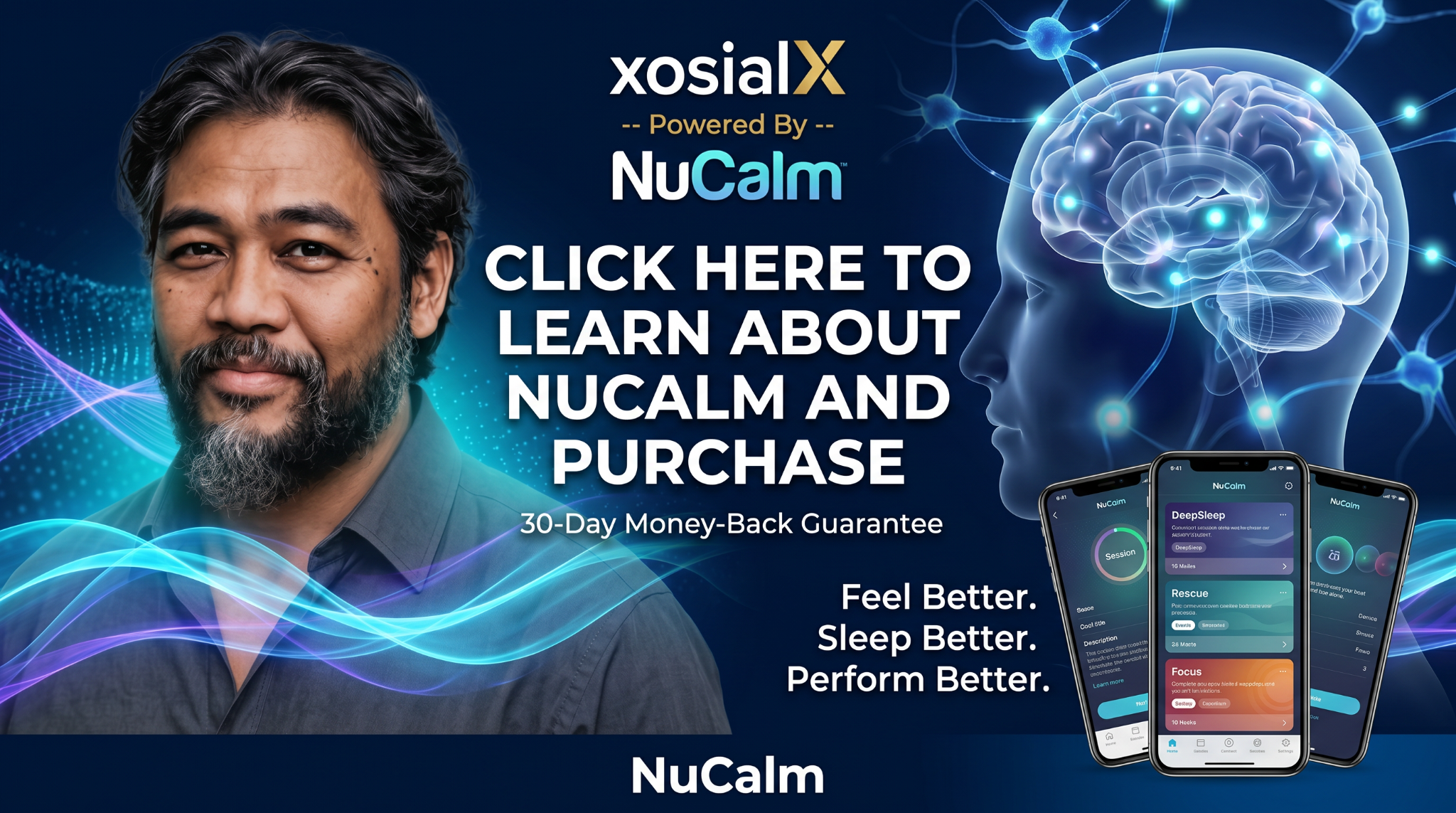 NuCalm app workflow: put on headphones, choose a session, and press play